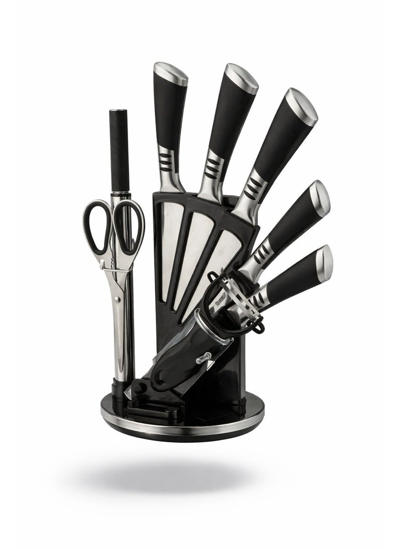 ديسيني طقم سكاكين مطبخ 9 قطع مع حامل أكريليك – سكين شيف، ساطور، سكين تقطيع، سكين متعددة الاستخدام، سكين تقشير، مقص، مسنّ، ومقشرة - Image 1